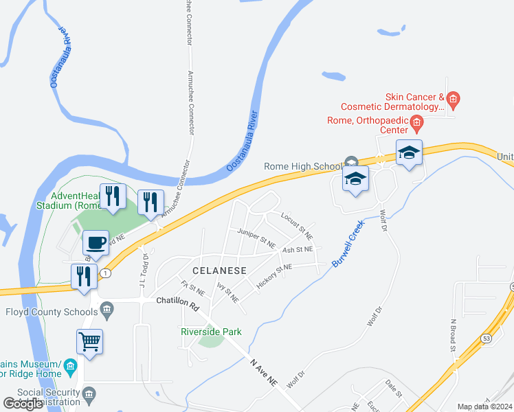 map of restaurants, bars, coffee shops, grocery stores, and more near 5 Mahogany Street Northeast in Rome