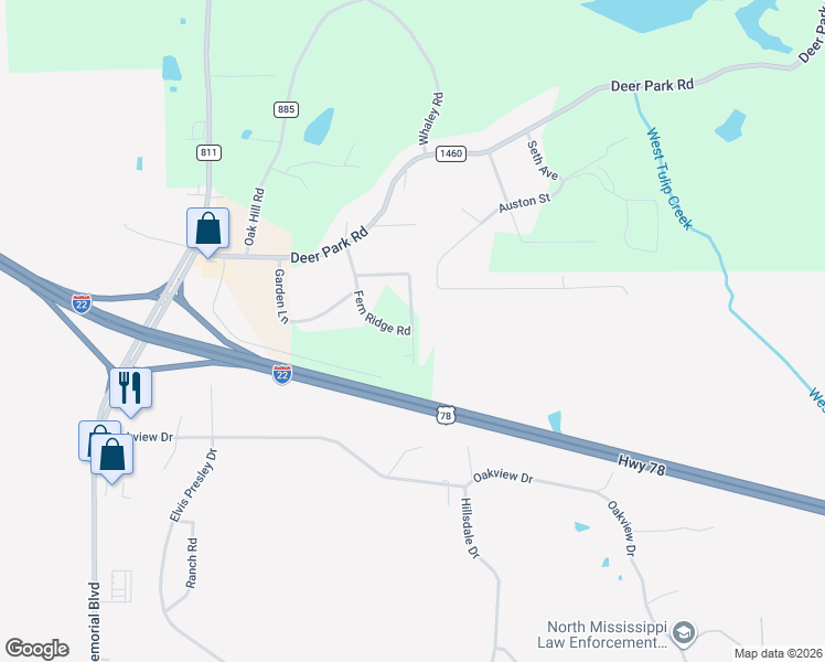 map of restaurants, bars, coffee shops, grocery stores, and more near 100 Oak Shadows Drive in Tupelo