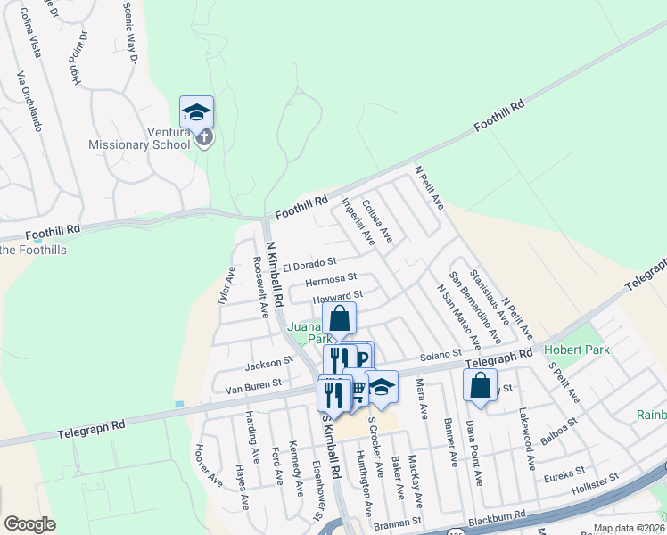 map of restaurants, bars, coffee shops, grocery stores, and more near 7802 El Dorado Street in Ventura
