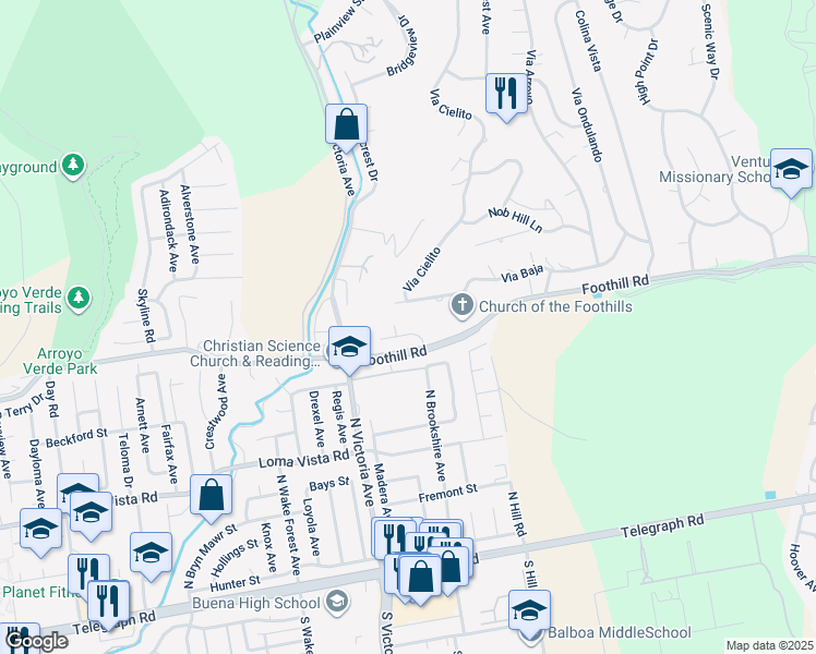 map of restaurants, bars, coffee shops, grocery stores, and more near 6153 Cobblestone Drive in Ventura