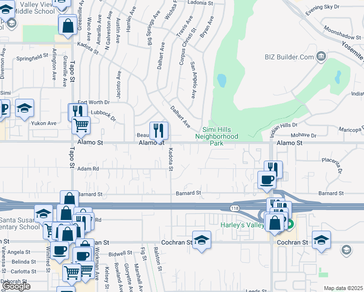 map of restaurants, bars, coffee shops, grocery stores, and more near 4856 Alamo Street in Simi Valley