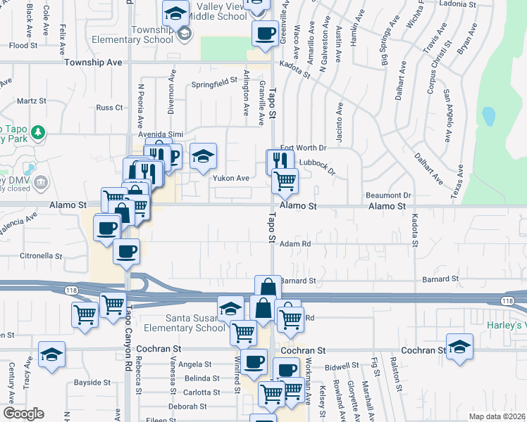 map of restaurants, bars, coffee shops, grocery stores, and more near 2775 Tapo Street in Simi Valley