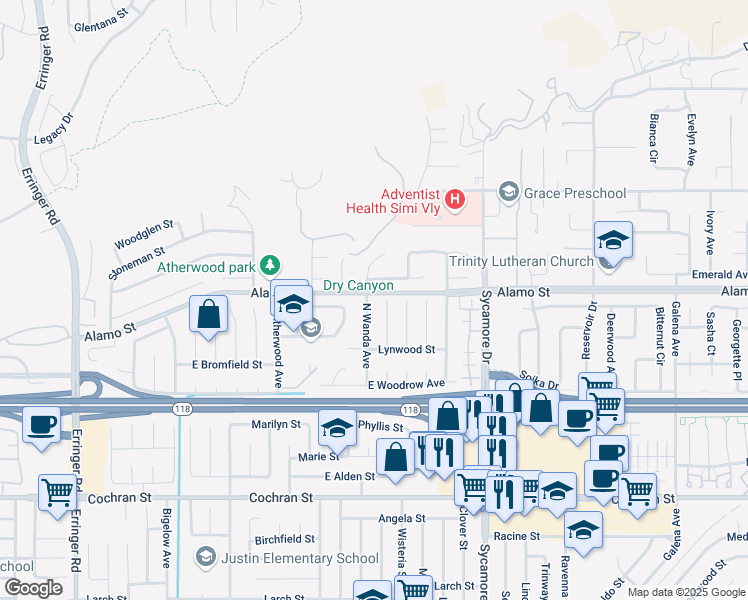 map of restaurants, bars, coffee shops, grocery stores, and more near 2783 North Wanda Avenue in Simi Valley