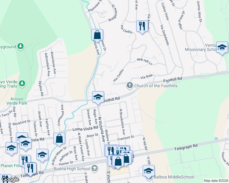 map of restaurants, bars, coffee shops, grocery stores, and more near 6153 Cobblestone Drive in Ventura
