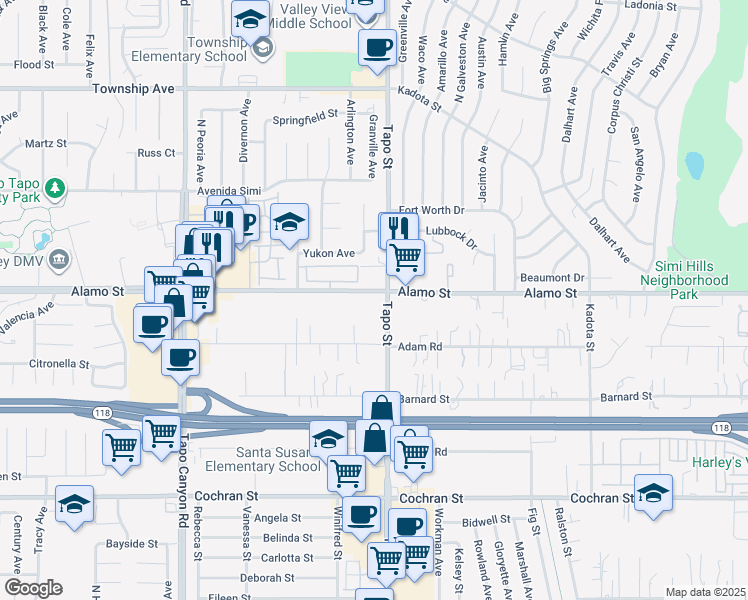 map of restaurants, bars, coffee shops, grocery stores, and more near 2775 Tapo Street in Simi Valley