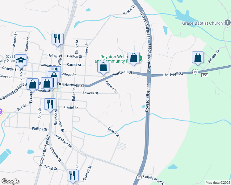 map of restaurants, bars, coffee shops, grocery stores, and more near 175 Carnes Street in Royston