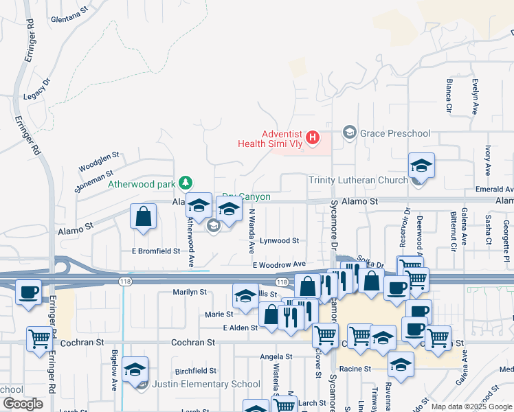 map of restaurants, bars, coffee shops, grocery stores, and more near 2783 North Wanda Avenue in Simi Valley