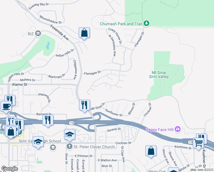 map of restaurants, bars, coffee shops, grocery stores, and more near 2778 Yokuts Court in Simi Valley