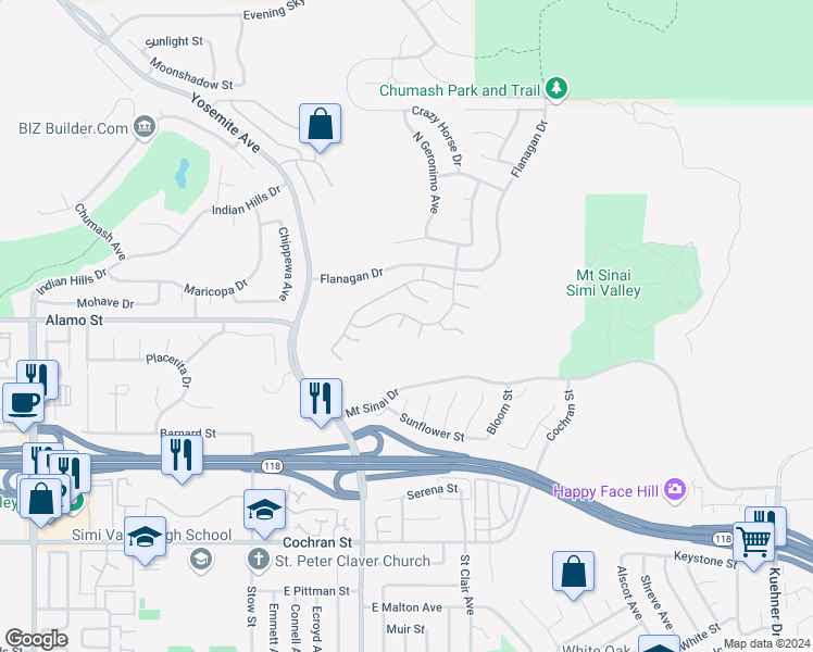 map of restaurants, bars, coffee shops, grocery stores, and more near 2778 Yokuts Court in Simi Valley