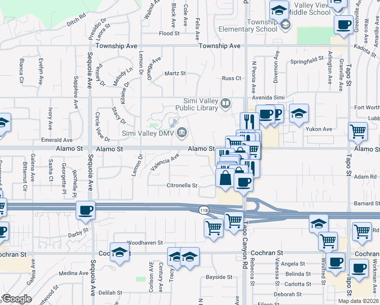map of restaurants, bars, coffee shops, grocery stores, and more near 3791 Eucalyptus Street in Simi Valley