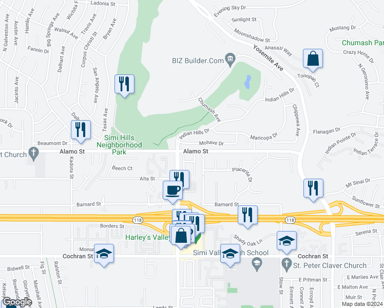 map of restaurants, bars, coffee shops, grocery stores, and more near 2797 Ophelia Court in Simi Valley