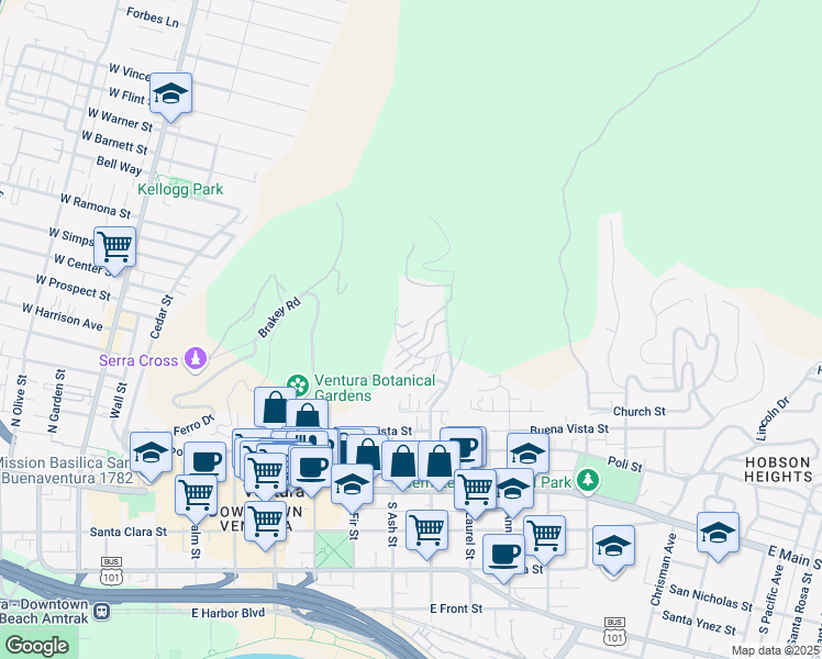 map of restaurants, bars, coffee shops, grocery stores, and more near 864 Vallecito Drive in Ventura
