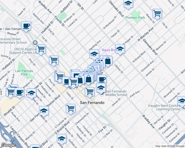 map of restaurants, bars, coffee shops, grocery stores, and more near 220 North Hagar Street in San Fernando