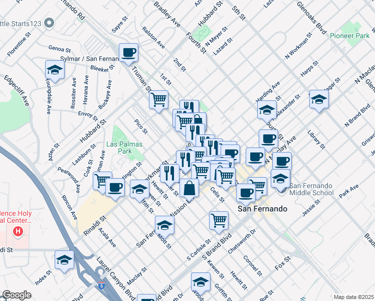 map of restaurants, bars, coffee shops, grocery stores, and more near 1332 Celis Street in San Fernando