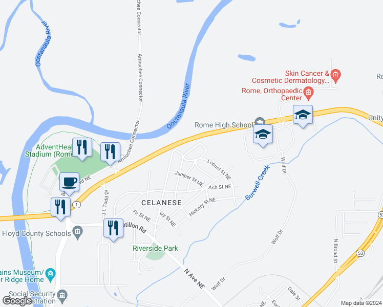 map of restaurants, bars, coffee shops, grocery stores, and more near 7 Mahogany Street Northeast in Rome