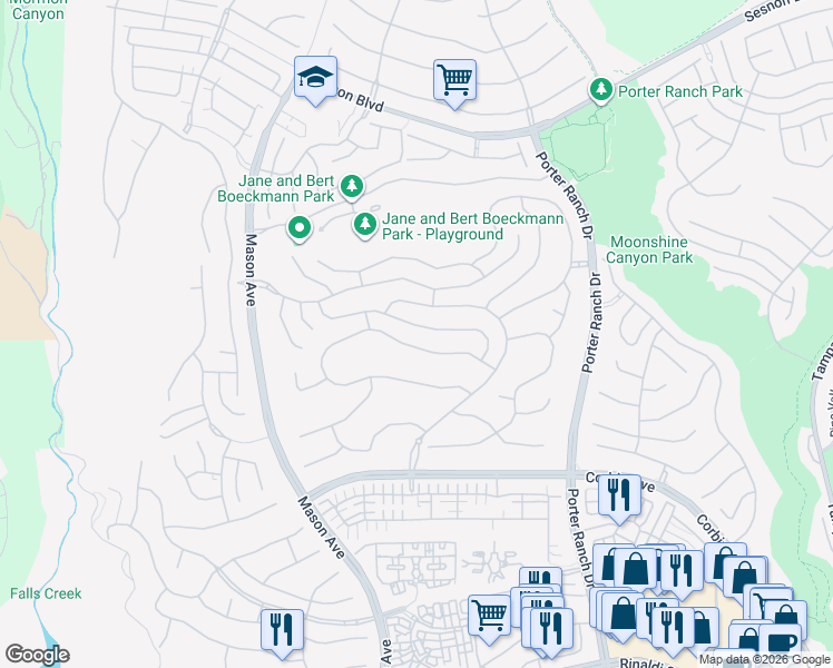 map of restaurants, bars, coffee shops, grocery stores, and more near 20337 West Windsor Lane in Los Angeles