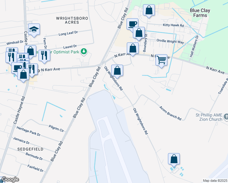 map of restaurants, bars, coffee shops, grocery stores, and more near 2725 Old Wrightsboro Road in Wilmington