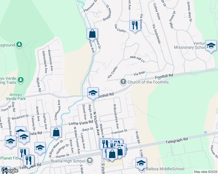 map of restaurants, bars, coffee shops, grocery stores, and more near 6153 Cobblestone Drive in Ventura