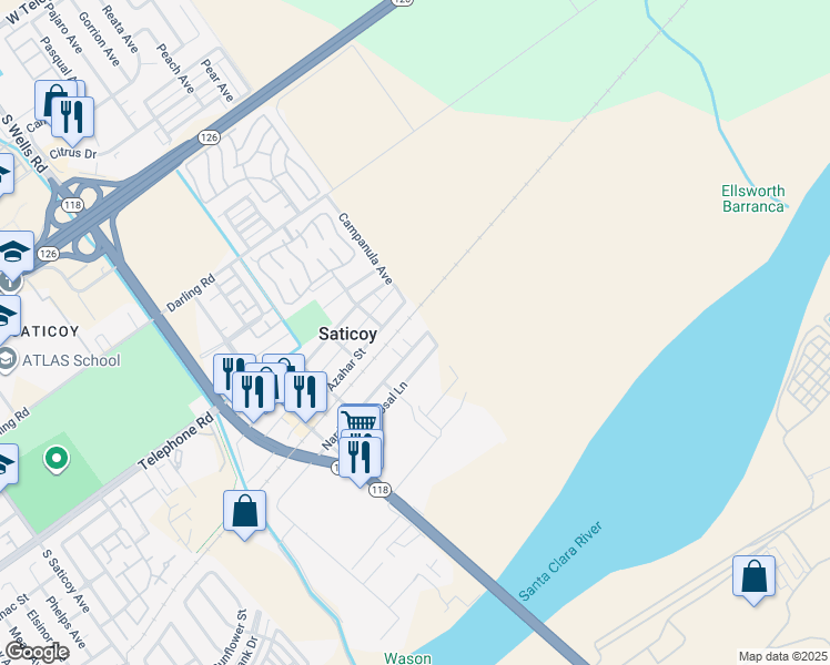 map of restaurants, bars, coffee shops, grocery stores, and more near 11435 Nardo Street in Ventura