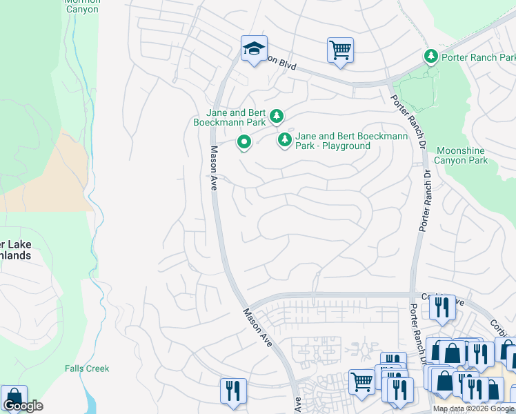 map of restaurants, bars, coffee shops, grocery stores, and more near 20448 West Liverpool Way in Los Angeles