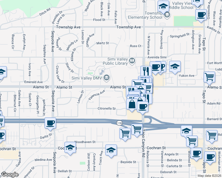 map of restaurants, bars, coffee shops, grocery stores, and more near 3791 Eucalyptus Street in Simi Valley