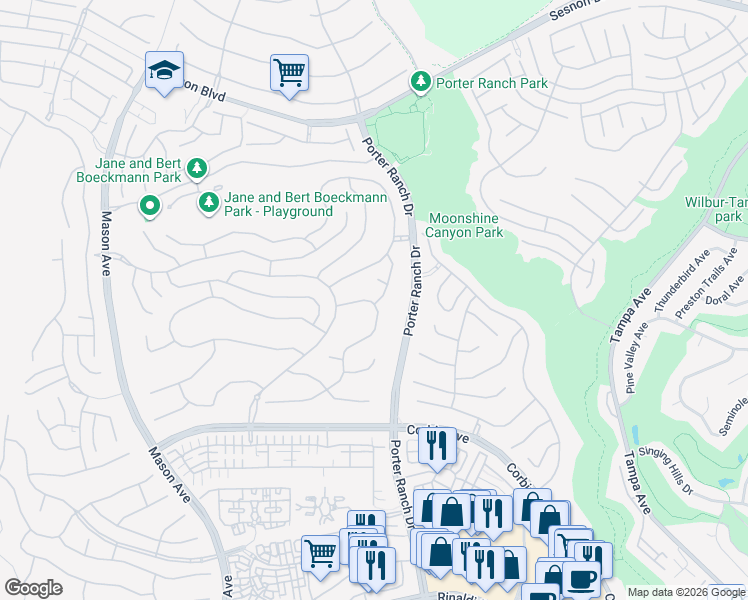 map of restaurants, bars, coffee shops, grocery stores, and more near 11642 North Manchester Way in Los Angeles