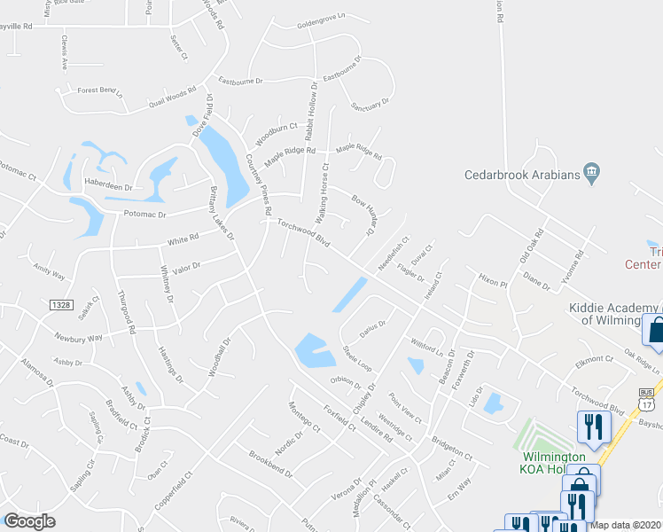 map of restaurants, bars, coffee shops, grocery stores, and more near 2619 Ravens Glass Court in Wilmington