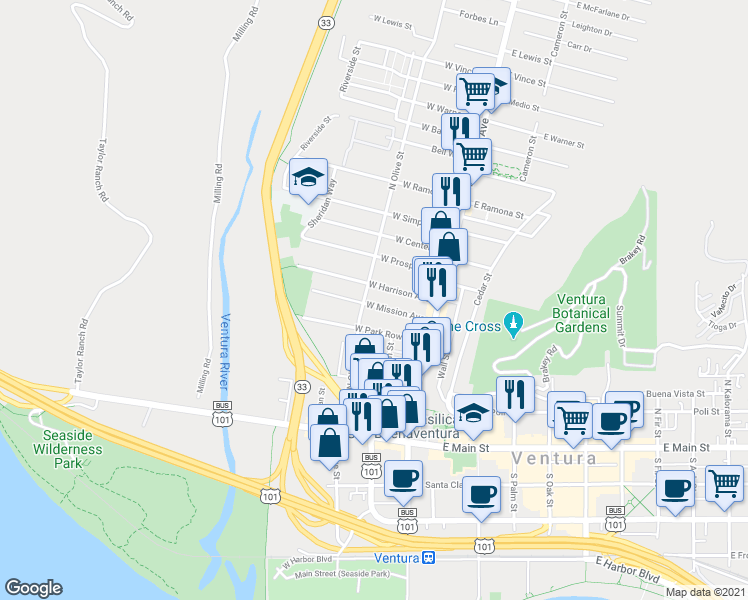 map of restaurants, bars, coffee shops, grocery stores, and more near 332 North Olive Street in Ventura