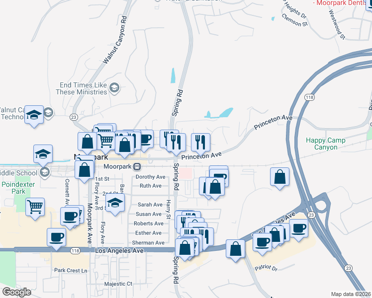 map of restaurants, bars, coffee shops, grocery stores, and more near 574 Charles Street in Moorpark