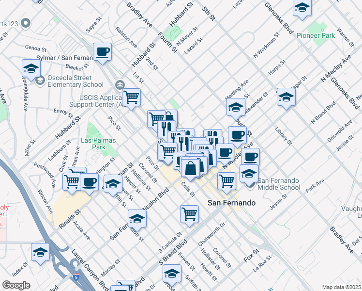 map of restaurants, bars, coffee shops, grocery stores, and more near 1225 Truman Street in San Fernando