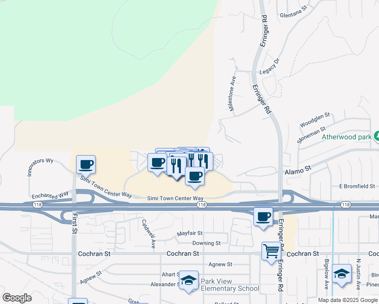 map of restaurants, bars, coffee shops, grocery stores, and more near 1567 East Jefferson Way in Simi Valley