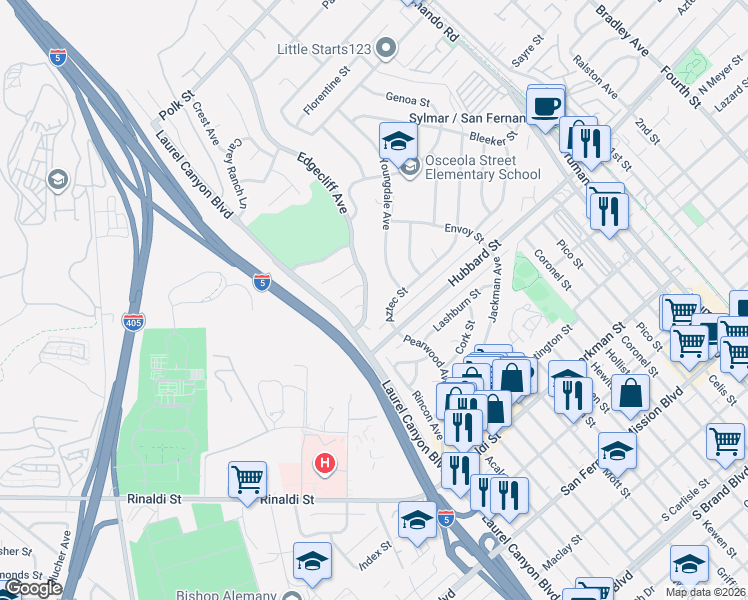 map of restaurants, bars, coffee shops, grocery stores, and more near 11824 Edgecliff Avenue in Los Angeles