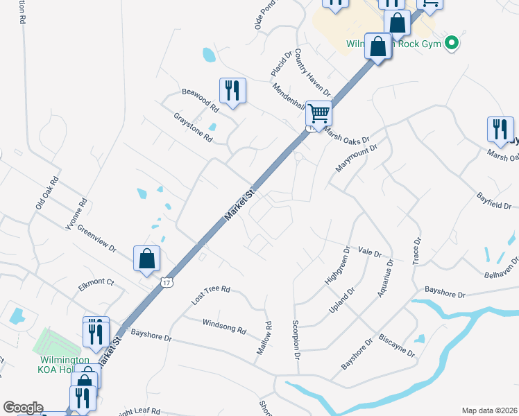 map of restaurants, bars, coffee shops, grocery stores, and more near 7764 Market Street in Wilmington