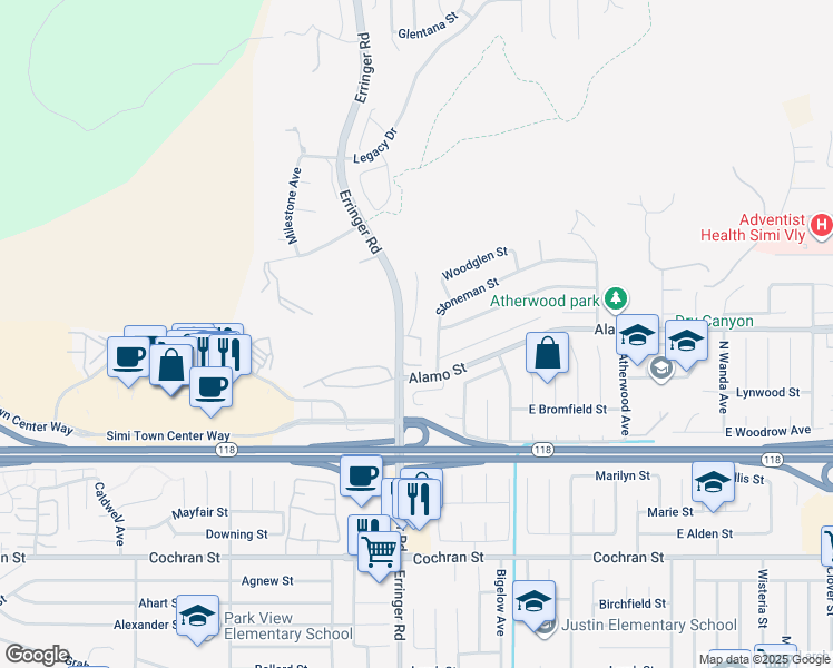 map of restaurants, bars, coffee shops, grocery stores, and more near 2790 Erringer Road in Simi Valley