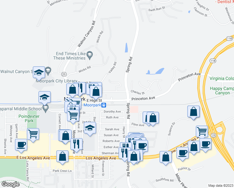 map of restaurants, bars, coffee shops, grocery stores, and more near 406 Charles Street in Moorpark