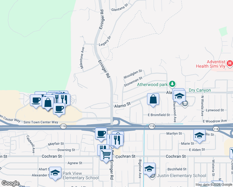 map of restaurants, bars, coffee shops, grocery stores, and more near 2790 Erringer Road in Simi Valley