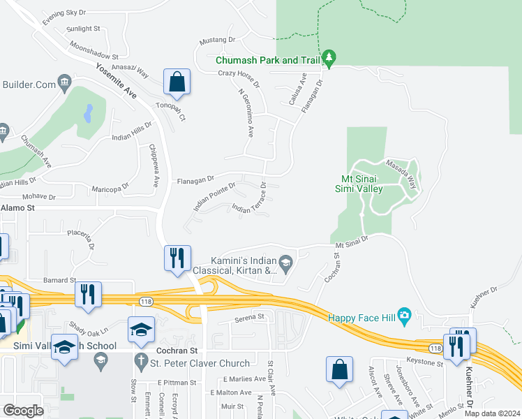 map of restaurants, bars, coffee shops, grocery stores, and more near 5983 Maidu Court in Simi Valley