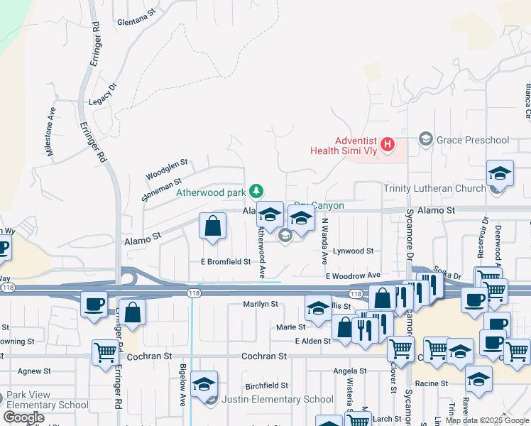 map of restaurants, bars, coffee shops, grocery stores, and more near 2322 East Kentfield in Simi Valley