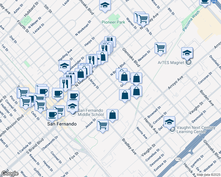 map of restaurants, bars, coffee shops, grocery stores, and more near 517 Griswold Avenue in San Fernando