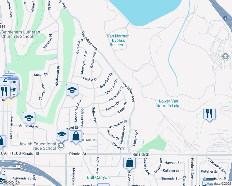 map of restaurants, bars, coffee shops, grocery stores, and more near 16267 Barneston Street in Los Angeles
