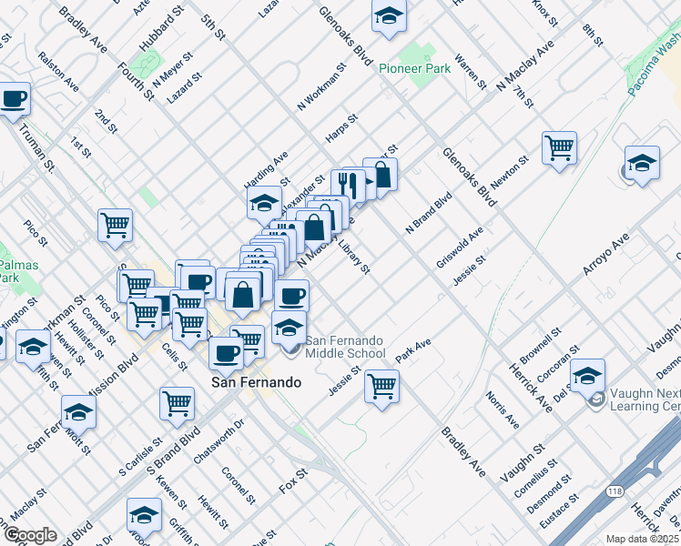 map of restaurants, bars, coffee shops, grocery stores, and more near 405 North Brand Boulevard in San Fernando