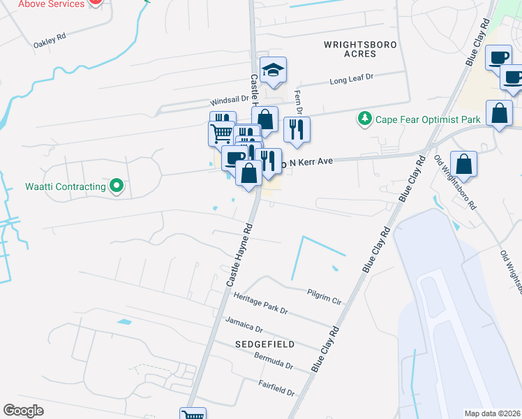 map of restaurants, bars, coffee shops, grocery stores, and more near 2504 Castle Hayne Road in Wilmington