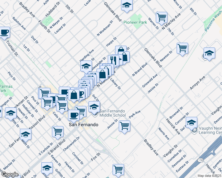 map of restaurants, bars, coffee shops, grocery stores, and more near 405 North Brand Boulevard in San Fernando