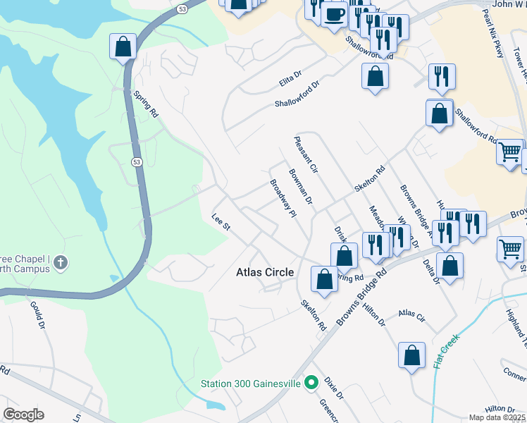 map of restaurants, bars, coffee shops, grocery stores, and more near 2249 East Drive in Gainesville