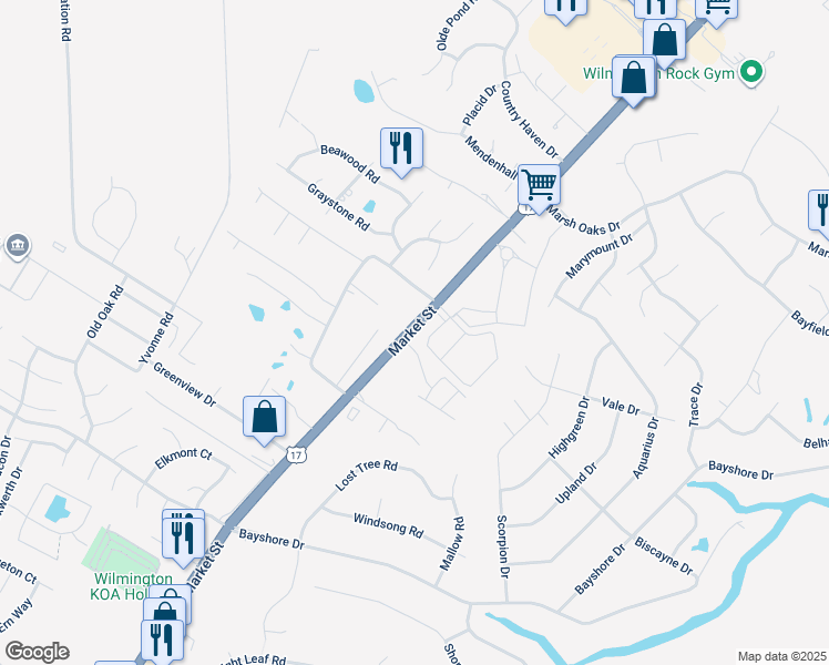 map of restaurants, bars, coffee shops, grocery stores, and more near 7770 Market Street in Wilmington
