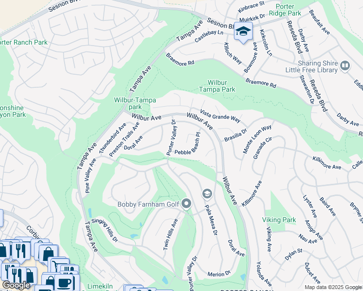 map of restaurants, bars, coffee shops, grocery stores, and more near 19259 Woodmont Drive in Los Angeles