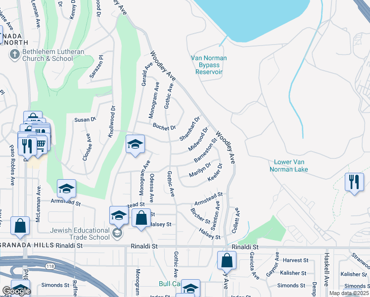 map of restaurants, bars, coffee shops, grocery stores, and more near 16353 Midwood Drive in Los Angeles