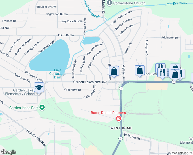 map of restaurants, bars, coffee shops, grocery stores, and more near 4 Plymouth Road Northwest in Rome