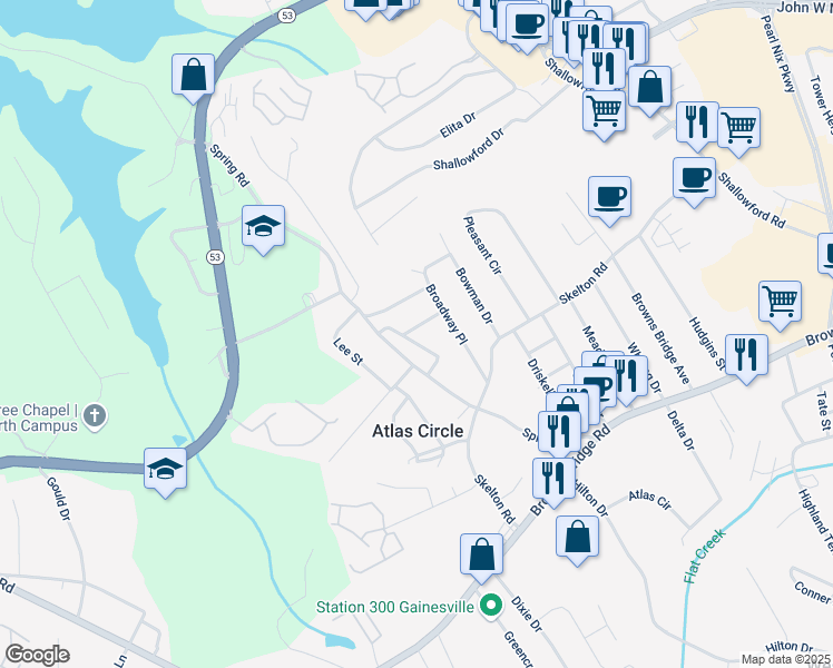 map of restaurants, bars, coffee shops, grocery stores, and more near 2249 East Drive in Gainesville