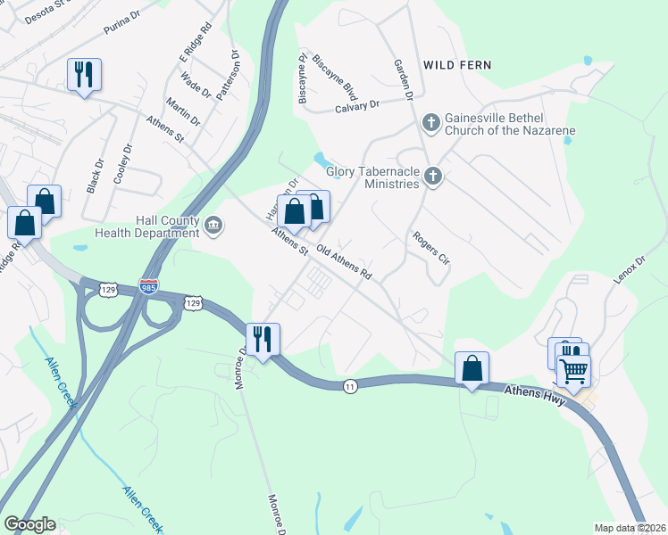 map of restaurants, bars, coffee shops, grocery stores, and more near 1481 Athens Street in Gainesville